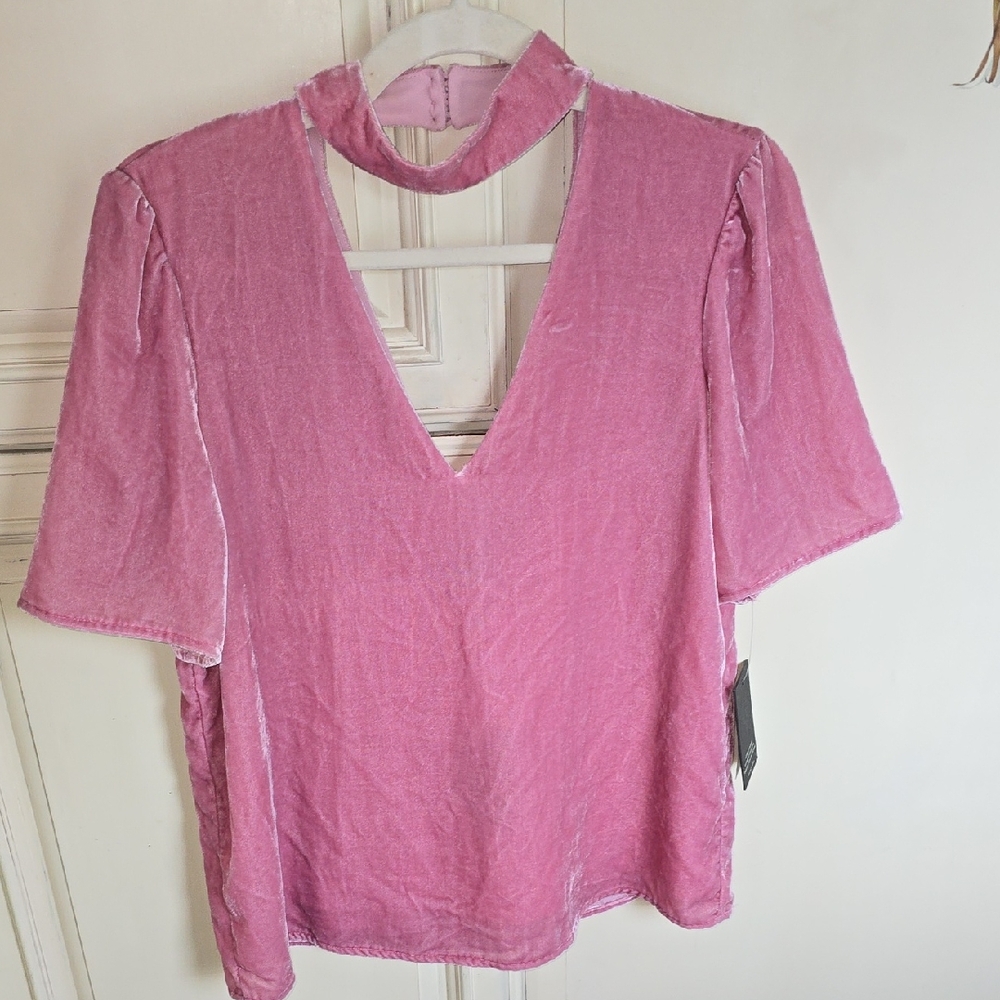 Paige Pink Velvety Choker V-Neck Blouse Oversized